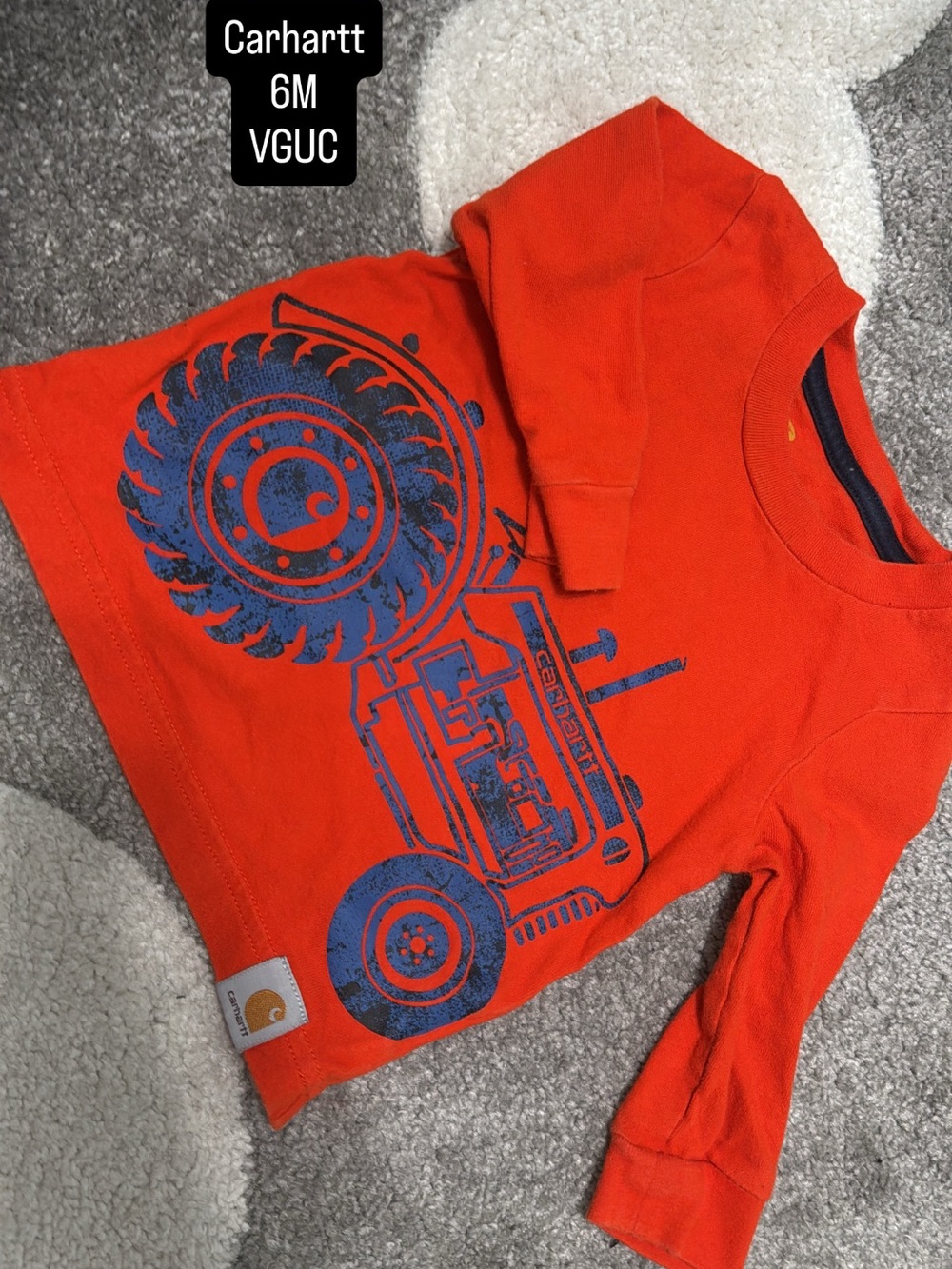 Carhartt Orange Long-Sleeve Tee with Blue Tractor Print